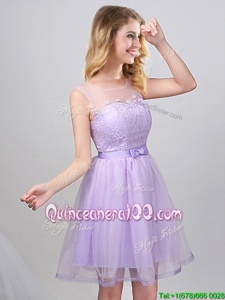 Lavender A-line Scoop Sleeveless Tulle Mini Length Lace Up Lace and Appliques and Belt Quinceanera Court of Honor Dress