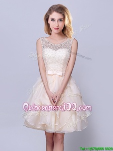 Beauteous A-line Dama Dress for Quinceanera Champagne Scoop Organza Sleeveless Mini Length Lace Up