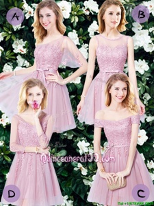 Glamorous Pink Lace Up Dama Dress for Quinceanera Appliques and Belt Sleeveless Mini Length