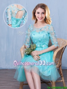Superior Scoop Aqua Blue Half Sleeves Knee Length Lace and Appliques and Bowknot Lace Up Vestidos de Damas