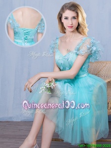 Excellent Aqua Blue Empire Sweetheart Short Sleeves Tulle Knee Length Lace Up Lace and Appliques and Bowknot Dama Dress