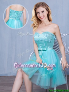 Knee Length Aqua Blue Dama Dress Tulle Sleeveless Spring and Summer and Fall Lace and Appliques and Bowknot
