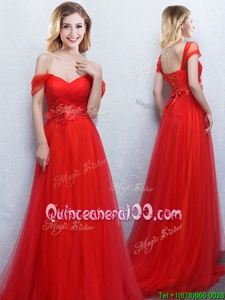 Suitable Off the Shoulder Red Tulle Lace Up Quinceanera Dama Dress Sleeveless With Brush Train Appliques and Ruching