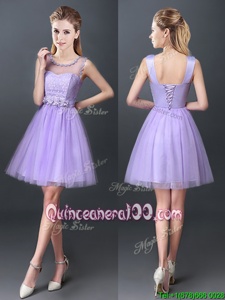 On Sale Scoop Sleeveless Court Dresses for Sweet 16 Mini Length Lace Lavender Tulle