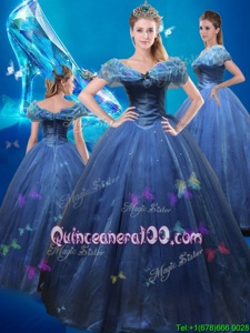 Luxury Cinderella Navy Blue Off The Shoulder Lace Up Beading and Bowknot 15 Quinceanera Dress Sleeveless