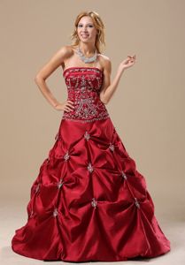 Wine Red Strapless Pick-ups Dress for Sweet 16 with Embroidery