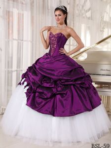 Purple and White Embroidery Dress for Quince in Taffeta and Tulle