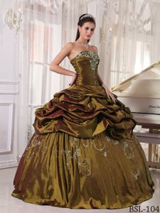 Brown Strapless Pick-ups and Ruches Embroidery Quinceanera Gown