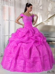 Hot Pink Pick-ups off the Shoulder Beading Quinceanera Party Dress