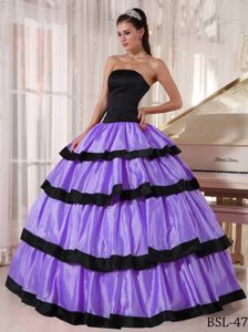 Lavender and Black Tiered Strapless Taffeta Quinceanera Dresses