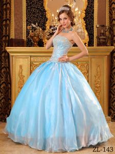 Light Blue Strapless Beading Ball Gown Organza Dress for Quince
