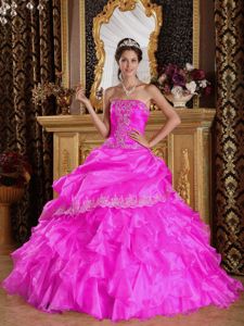 Hot Pink Strapless Appliques Pick-ups and Ruffles Dress for Quince