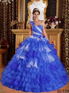 Royal Blue One Floral Shoulder Beading Ruffled Quinceanera Dresses