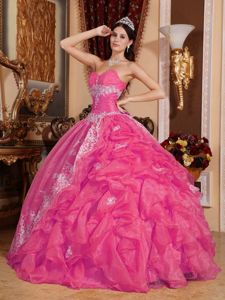 Hot Pink Ruffled Oraganza Appliques Quinceanera Dresses