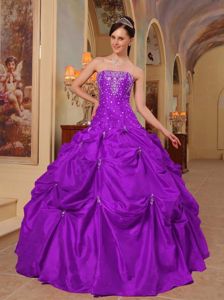 Purple Taffeta Beaded Quinceanera Gown Dresses with Pic Ups