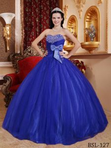 Blue Tulle Beaded Quinceanera Gown Dresses with Bowknot