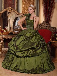 Olive Green One Shoulder Taffeta Quince Dresses with Flowers