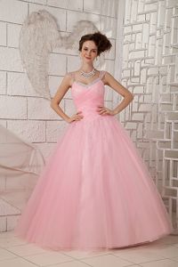 Pink Straps Tulle Beaded Floor-length Sweet Sixteen Dresses