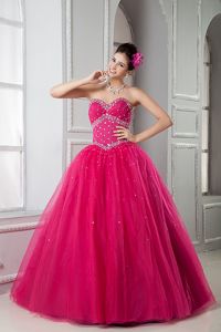 Hot Pink Strapless Tulle Sweet Sixteen Dresses with Beading