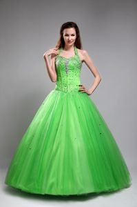 Green Halter Beaded Floor-length Tulle Dress for Quinceaneras