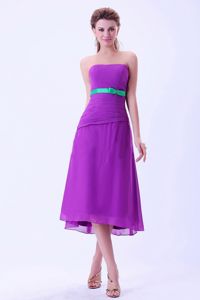 Chiffon Purple Tea-length Dama Dress with an Green Belt