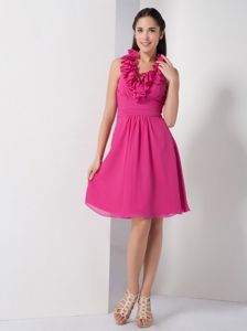 Hot Pink A-line Halter Ruched Ruffled Knee-length Dama Dress