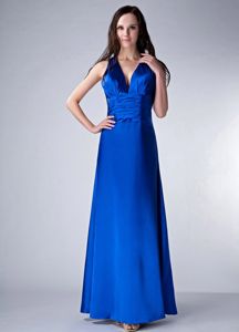 Sexy Royal Blue Column V-neck Ankle-length Dama Dress with Ruches