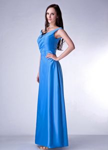 Elegant Straps Blue Column V-neck Ruches Dama Dress Ankle-length