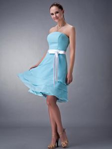 Aqua Blue Strapless Empire Chiffon Knee-length Dama Dress Sash