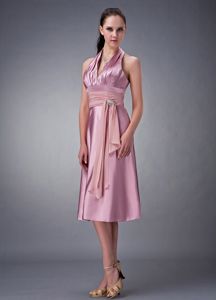 Halter Empire Lavender Beading and Sash Tea-length Dama Dress