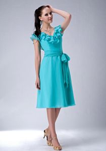 Turquoise Empire V-neck Tea-length Ruffles Dama Dress with Sash
