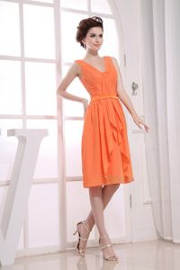 Straps V-neck Orange Ruched and Ruffled Knee-length Dama Dress
