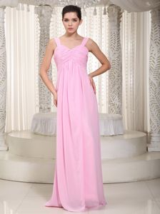 Straps Baby Pink Empire Chiffon Ruched Floor-length Dama Dress