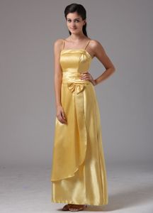 Spaghetti Straps Yellow Column Ankle-length Dama Dress With Bow