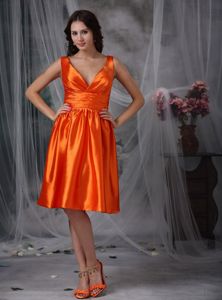 Column V-neck Knee-length Taffeta Ruched Orange Red Dama Dress