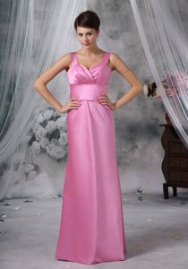 Straps Colum Floor-length Satin Dama Dress in Pink with Band