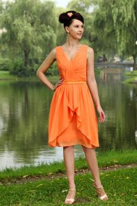 Orange Empire V-neck Knee-length Chiffon Ruch Party Dama Dresses