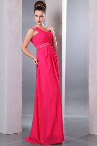 Floor-lengthHot Pink Empire One Shoulder Beaded Bridesmaid Dama Dresses