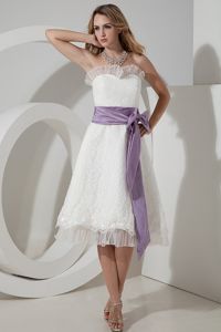 A-line Strapless ea-length Lace with Purple Bow Dresses For Damas