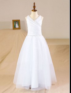 Glorious Tulle V-neck Sleeveless Zipper Beading Flower Girl Dresses in White