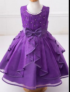 Fine Eggplant Purple Scoop Zipper Beading and Ruffles and Bowknot Toddler Flower Girl Dress Sleeveless