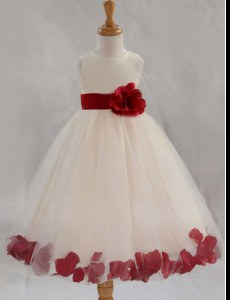 White Scoop Neckline Appliques and Bowknot and Hand Made Flower Flower Girl Dress Sleeveless Zipper