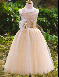 Excellent Champagne A-line Straps Sleeveless Tulle Floor Length Lace Up Lace Flower Girl Dresses