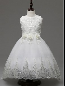 Fabulous Scoop White Sleeveless Brush Train Lace and Appliques and Bowknot With Train Flower Girl Dresses for Less