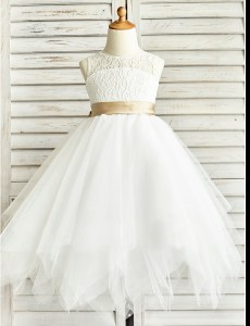Glorious Ruffled A-line Flower Girl Dress White Scoop Tulle Sleeveless Floor Length Zipper