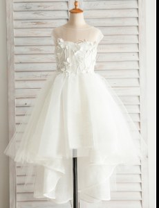 Scoop Tulle Short Sleeves High Low Flower Girl Dress and Appliques