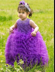 Scoop Lavender Lace Up High School Pageant Dress Lace and Ruffles Sleeveless Floor Length