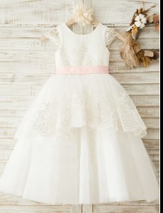 Scoop White Organza Zipper Toddler Flower Girl Dress Cap Sleeves Floor Length Lace and Appliques and Bowknot