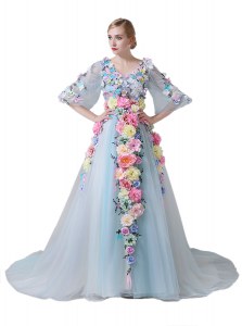 Great With Train Light Blue Mother of Bride Dresses Tulle Court Train Half Sleeves Hand Made Flower