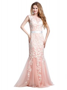High Quality Scoop Pink Cap Sleeves With Train Lace and Appliques Zipper Mother of Bride Dresses